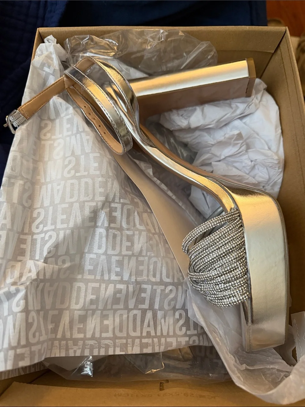 Steve Madden Nani Rhinestone Silver Beaded Platform Block Heels size 11